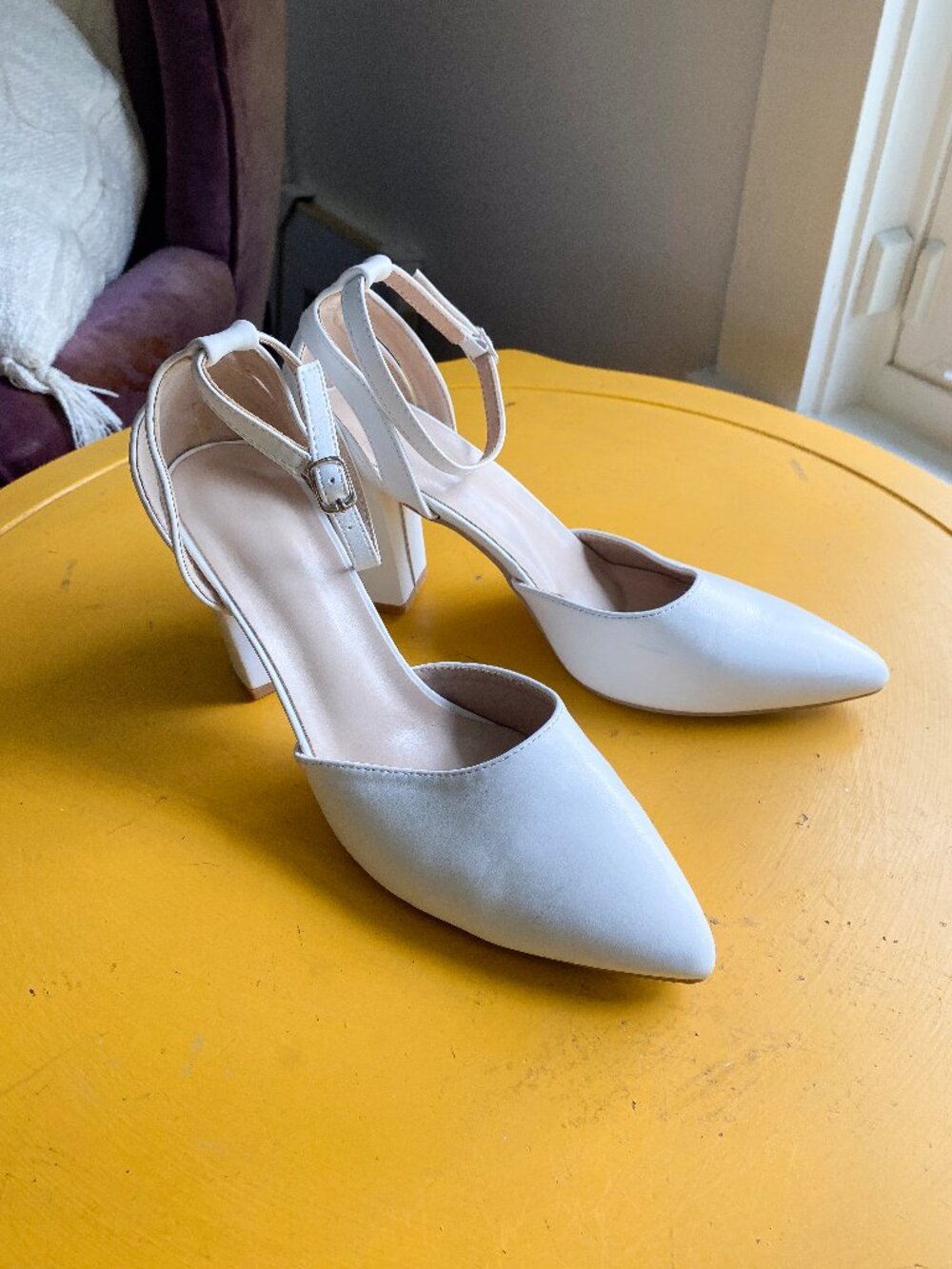 White Pointed Toe Ankle Strap Block Heels